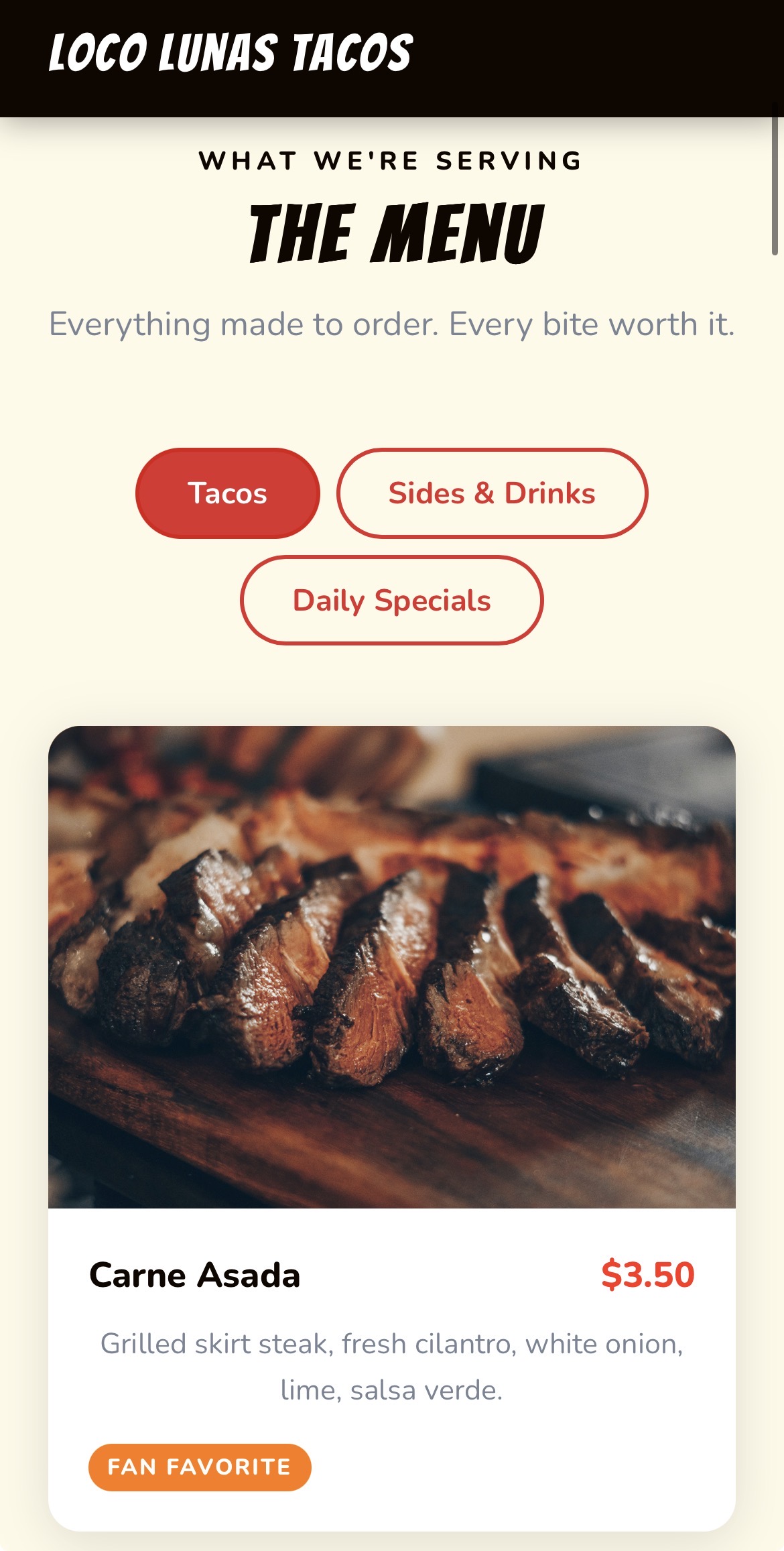 Loco Lunas Tacos mobile menu screen
